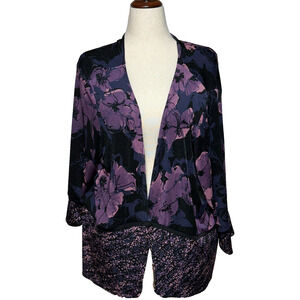 Anna Maxwell Kimono Top Womens 3X-26-28 Black Purple Floral Open Front Flowy